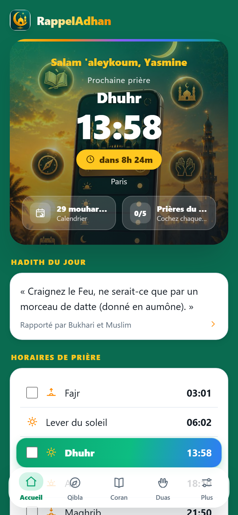 Écran d&rsquo;accueil de RappelAdhan affichant les horaires de prière du jour